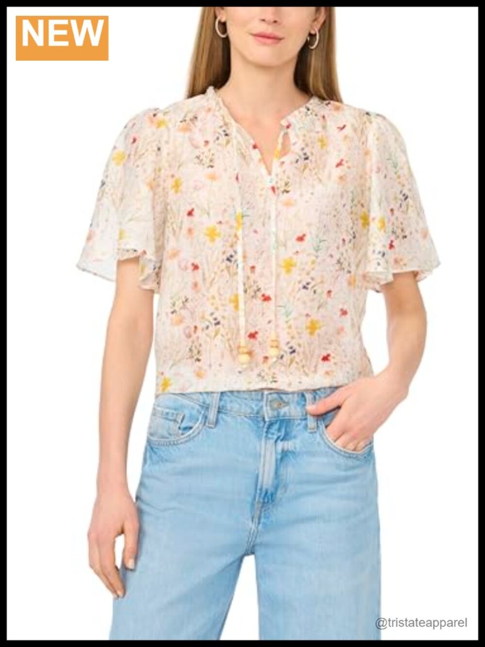 Floral Print Tie Neck 3/4 Sleeve Blouse Women's